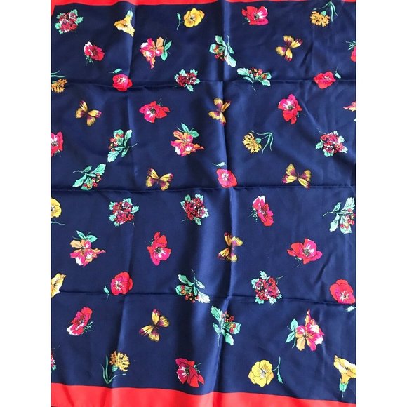 Vintage JP Collections Blue Red Floral Butterflies Scarf 30” x 31” - Picture 5 of 8